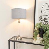 ValueLights Maggie Brushed Chrome Candlestick Table Lamp with Velvet Drum Shade & LED Bulb in Grey