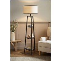 ValueLights Hiru Black 3 Tier Wood Shelf Floor Lamp with Trimmed Linen Drum Shade