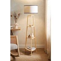 ValueLights Hiru Wooden 3 Tier Shelf Floor Lamp with Trimmed Linen Drum Shade in Black