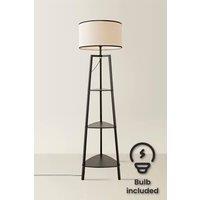 ValueLights Hiru Black 3 Tier Wood Shelf Floor Lamp with Linen Shade & LED Bulb