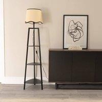 ValueLights Hiru Black 3 Tier Wood Shelf Floor Lamp with Trim Linen Scallop Shade