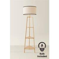 ValueLights Hiru Wooden 3 Tier Shelf Floor Lamp with Trimmed Linen Shade & Bulb in Black