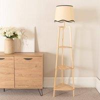 ValueLights Hiru 3 Tier Wood Shelf Floor Lamp with Trim Scallop Shade & Bulb in Black