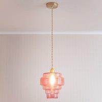 ValueLights Lane Glass 5 Tier Shade Brushed Gold Single Ceiling Pendant Light in Bright Pink