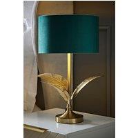 ValueLights Christina Velvet with Gold Metallic Inner Drum Shade Gold Palm Leaf Table Lamp in Bottle Green