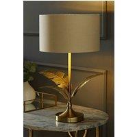 ValueLights Christina Fabric with Metallic Gold Inner Drum Shade Gold Palm Leaf Table Lamp in Natural