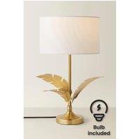 ValueLights Christina Fabric Drum Shade Gold Palm Leaf Detail Stem Table Lamp with LED Bulb in White