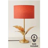 ValueLights Christina Fabric Drum Shade Gold Palm Leaf Detail Stem Table Lamp with LED Bulb in Burnt Orange
