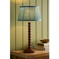 ValueLights Bobbin Leaf Printed Pleated Shade Walnut Bobble Table Lamp in Mid Blue