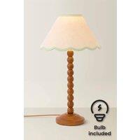 ValueLights Bobbin Colour Trim Linen Shade Walnut Bobble Table Lamp with Bulb in Pale Green