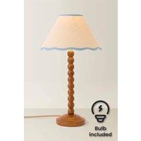 ValueLights Bobbin Colour Trim Linen Shade Walnut Bobble Table Lamp with Bulb in Baby Blue