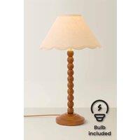 ValueLights Bobbin Colour Trim Linen Shade Walnut Bobble Table Lamp with Bulb in Cream