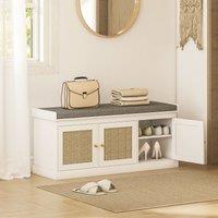 HOMCOM Shoe Storage Bench with Rattan Doors, Cushion, Entryway Shoe Bench in White
