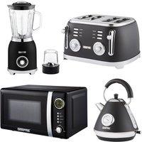 Geepas RetroVive Kitchen Set with Kettle, 4 Slice Toaster, Microwave & Blender in Black