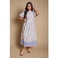 Dorothy Perkins Women's Petite Puff Sleeve Princess Seam Poplin Midi Dress in Floral | Size: 12