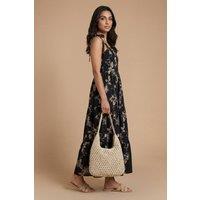Dorothy Perkins Women's Petite Metallic Embroidered Floral Strappy Tie Midi Dress in Black | Size: 18