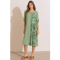 Klass. Women's Printed Relaxed Fit Linen Blend Midi Dress in Khaki | Size: 16