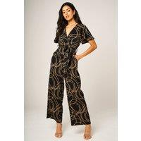 FS Collection Women's Wrap Front Belted Wide-Leg Jumpsuit with Abstract Circle Print in Black | Size: XS