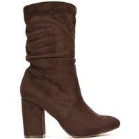 XY London Women's 'Belle' Mid Calf High Block Heel Ruched Boots in Chocolate | Size: 5