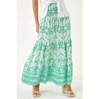 Roman Women's Floral Print Shirred Maxi Skirt in Green | Size: 18