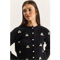 Bianco Lucci Women's Embroidered Button-Up Cardigan in Black