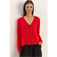Bianco Lucci Women's Button Detailed Knit V-Neck Cardigan in Red