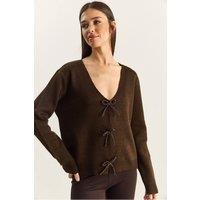 Bianco Lucci Women's Button Detailed Knit V-Neck Cardigan in Dark Brown