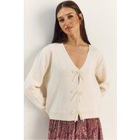 Bianco Lucci Women's Button Detailed Knit V-Neck Cardigan in Cream