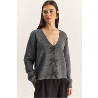 Bianco Lucci Women's Button Detailed Knit V-Neck Cardigan in Charcoal