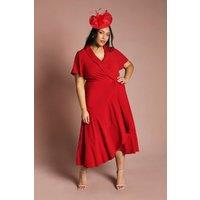 Coast Women's Plus Shawl Collar Ruffle Hem Midi Dress With Fluted Sleeve in Berry | Size: 24