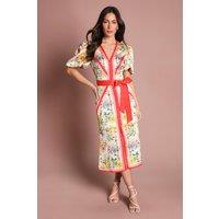 Coast Women's V Neck Puff Sleeve Scarf Print Satin Midi in Ivory | Size: 12