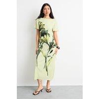 Warehouse Women's Placement Print Crinkle Satin Ruched Midi Dress in Lime Yellow | Size: 8