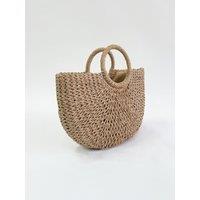 SVNX Women's Round Woven Straw Holdall With Circular Handle in Brown