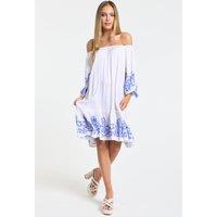 Liquorish Women's White Blue Embroidered Beach Dress | Size: 14
