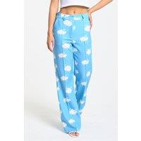 Liquorish Women's Blue Cloud Print Wide Leg Trousers | Size: 12