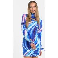 Liquorish Women's Blue Abstract Print Cut Out Mini Dress | Size: 10