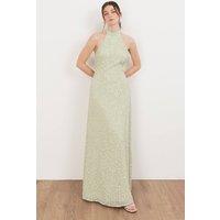Maya Deluxe Women's Linear Embellishment Halter Neck Maxi Dress in Light Green | Size: 12