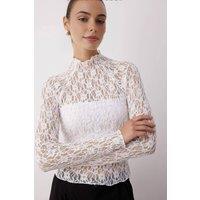 WOVCOR Women's Long Sleeve Sheer Lace High Neck Fitted Knit Top in White | Size: XS
