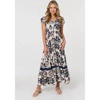 Izabel London Women's Printed Lace Trim Cap Sleeved Maxi Dress in Navy | Size: 16