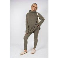 IKRUSH Women's Mila Chunky Knitted High Roll Neck Top Bottom Co-ord Set in Khaki | Size: Medium/Large