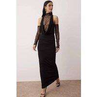 WOVCOR Women's Deep Cowl Neck Maxi Evening Dress With Lace Detail in Black | Size: 10