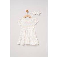 Miss Girl's Floral Embroidered Smocked Dress with Headband in White | Size: 18-24 m