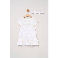 Miss Girl's Butterfly Embroidered Smocked Dress with Headband in White | Size: 18-24 m