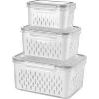 Living and Home 3pcs Fridge Organiser Clear Food Storage Containers with Drain Basket in White | Size: 3 Pack