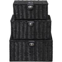 Arpan Set of 3 Resin Woven Storage Basket Box With Lid & Lock in Black | Size: Small
