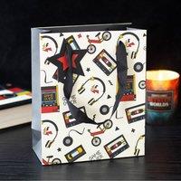 KDMD Retro 80s Print Gift Bag - Nostalgic Cassette & Arcade Design in White