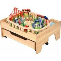 Costway 100 PCS Kids Wooden Train Track Railway Set Activity Table W/ Rolling Drawer in Natural