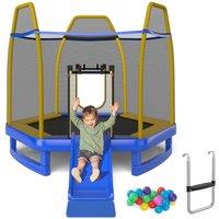 Costway 7FT Kids Trampoline Toddler Fitness Jumper Safety Enclosure Ladder With Slide in Blue