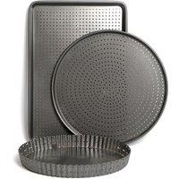 MasterClass 3pc Crusty Bake Non-Stick Bakeware Set with 30cm Flan/Quiche Tin, 32cm Pizza Tray & 39cm Baking Tray in Grey