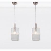 First Choice Lighting Set of 2 Clear & Brushed Chrome Fluted Glass Design Pendant Fittings in Silver